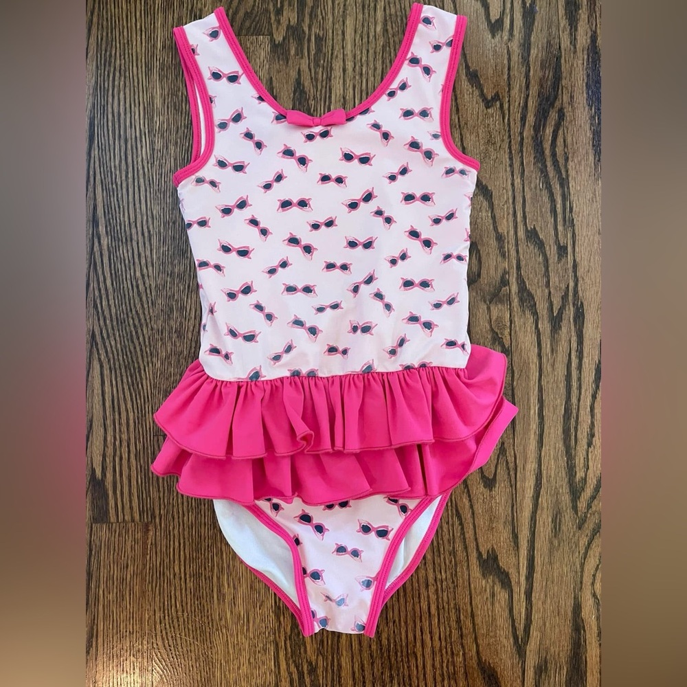 RACHEL RILEY Girls Sunglasses Print Pink Ruffle One Piece Swimsuit Size 10